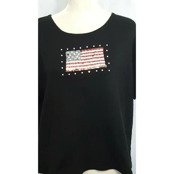 In Focus Womens Top Size XXL Short Sleeved Sequined American Flag Knit Black - Picture 3 of 7